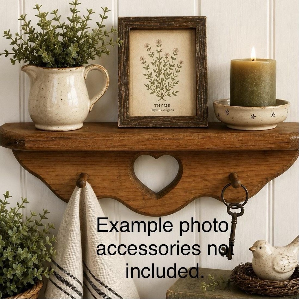 Wood Wall Shelf With Heart Cutout, Pegs Country Farmhouse Cottagecore Decor 14.5